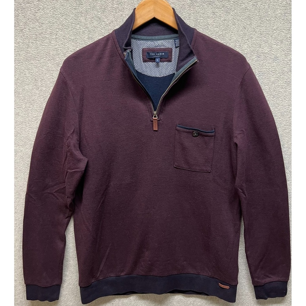 Ted Baker‎ Mens Bevyhil Quarter Zip Pullover Sweater Maroon Long Sleeve Modern 4